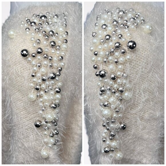 Pearl Beaded Fuzzy Sweater Y2K Soft Knit Glam Pullover Top Small - Picture 8 of 9